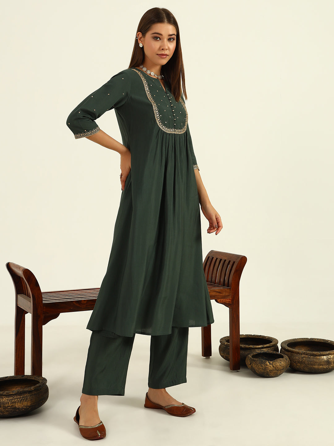 FIORRA Women's Green Viscose Chanderi A-line Kurta with Pant and Dupatta